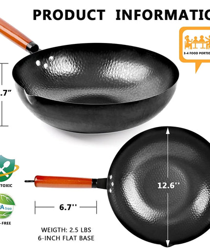 Carbon Steel Wok Pan, 14 Piece Woks & Stir-Fry Pans Set with Wooden Lid & Cookwares, Non-Stick Flat Bottom Chinese Woks Pan for Induction, 12.6''