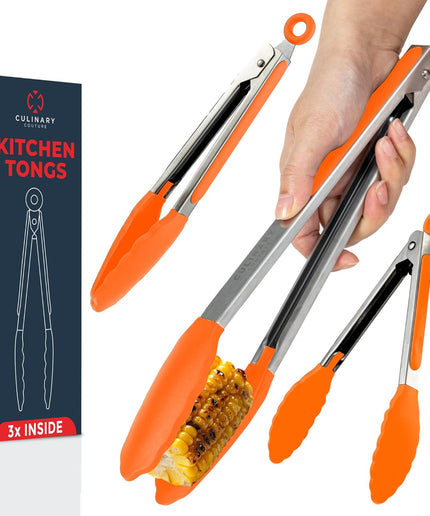 Silicone Kitchen Tongs for Cooking with Silicone Tips, Heat Resistant Tongs for Serving Food, 7-Inch, 9-Inch, 12-Inch Locking Silicone Tongs, Set of 3 Salad Tongs, Orange Kitchen Utensils