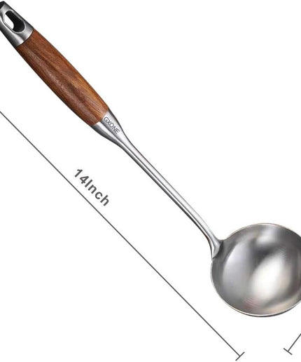 Soup Ladle,304 Stainless Steel Cooking Ladle Spoon Wok Tools with Long Wooden Handle Heat Resistant,Silver/14.6Inch