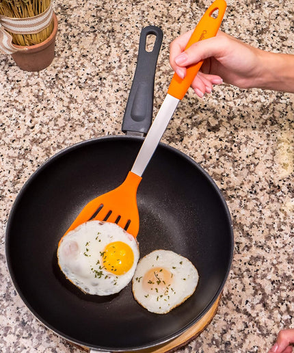 Orange Stainless Steel Spatula Set – Includes Slotted Spatula, Silicone Turner, Metal Spatula - Heat Resistant Silicone Turner Set – Metal Spatulas for Kitchen Use, BBQ, Grill