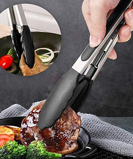 Kitchen Tongs Cooking Tongs Stainless Steel Tongs for Cooking Silicone Tongs Heat Resistant Set of Two 9/12 Inch Rubber Tipped Tongs (Kitchen Tongs-Black)