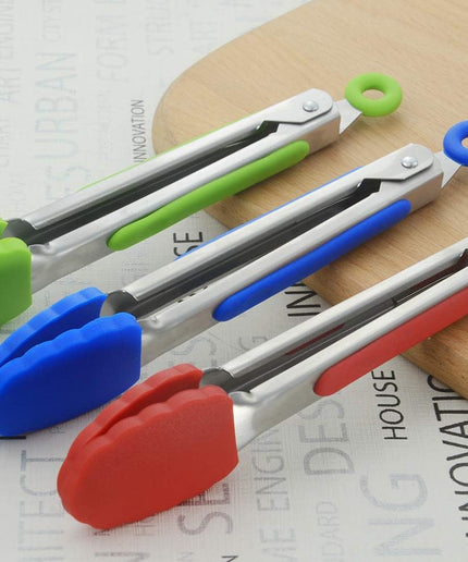 Small Tongs with Silicone Tips 7-Inch Mini Serving Tongs, Set of 3 (Red Blue Green)