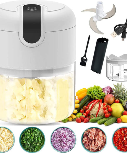 Electric Garlic Chopper Mini, Mini Chopper Food Processor,For Chop Garlic Onion Ginger Celery Veggie Meat, Baby Food,Mini Food Chopper with Garlic Peeler and Brush,Easy Cleaning(250Ml) (White)