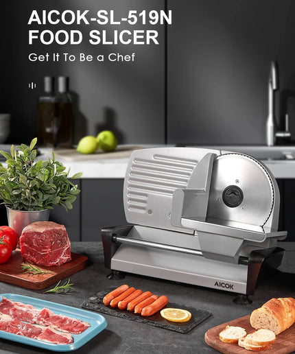 Meat Slicer, 200W Electric Food Slicer for Home Use, Meat Slicer with Two 7.5" Sharp Stainless Steel Blade(Serrated + Smooth) & 0-15Mm Precise Thickness Cut Deli Food, Silver