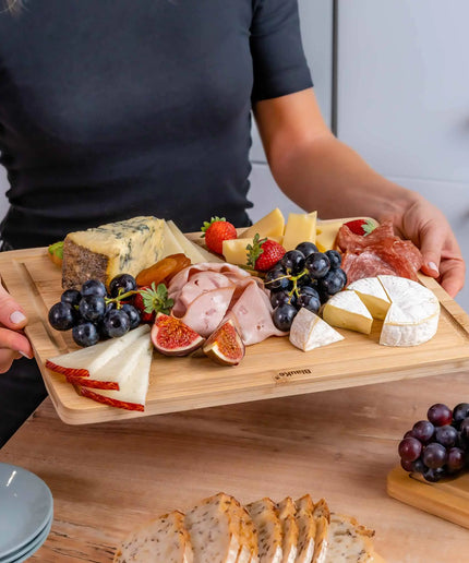 Wood Cutting Board for Kitchen 15x10 inch - Wooden Serving Tray - Large Bamboo Chopping Board with Juice Groove and Handles