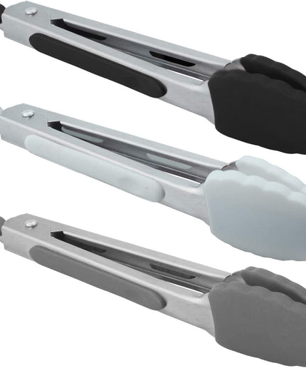 Small Silicone Tongs 7-Inch Mini Serving Tongs, Set of 3 (Black White Gray)