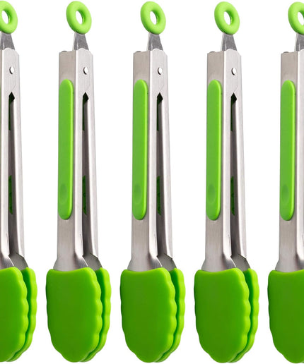 5 Pack Kitchen Tongs Set 7-Inch Small Siliconetongs Heavy Duty Green Stainless Steel Silicone Cooking Tongs with Non-Stick Silicone Tips for Food,Serving,Bbq,Salad,Grilling and More