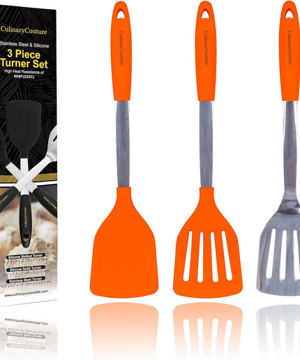 Orange Stainless Steel Spatula Set – Includes Slotted Spatula, Silicone Turner, Metal Spatula - Heat Resistant Silicone Turner Set – Metal Spatulas for Kitchen Use, BBQ, Grill