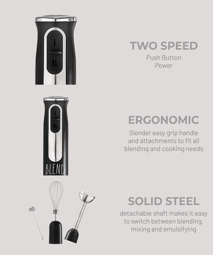 Immersion Hand Blender- Handheld Immersion Blender with Egg Whisk and Milk Frother Attachments, 2 Speed Blender, 500 Watts, Stainless Steel Blade (Black)