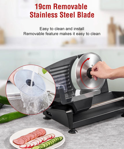 Meat Slicer 200W Electric Deli and Food Slicer with Two Removable 7.5" Stainless Steel Blade, 0 - 15 Mm Adjustable Thickness