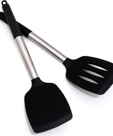 Silicone Spatula Heat Resistant Silicone Handle 2-Piece Set Black Slotted Turner Flexible Silicone Spatula Nonstick Turner Set for Fried Egg, Barbecue, Hamburg