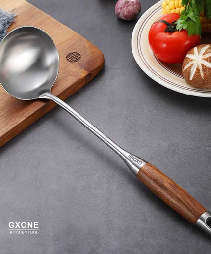 Soup Ladle,304 Stainless Steel Cooking Ladle Spoon Wok Tools with Long Wooden Handle Heat Resistant,Silver/14.6Inch