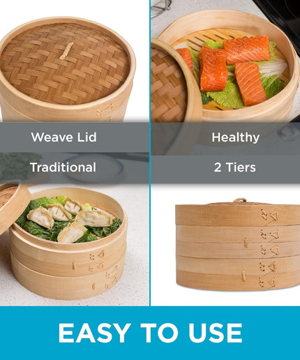 10-Inch Bamboo Steamer - Classic 2 Tier Design for Steaming Veggies, Dumplings, Dim Sum, Chicken, Fish, & Asian Food - Natural Eco-Friendly Steaming Basket, Ideal for Healthy Cooking