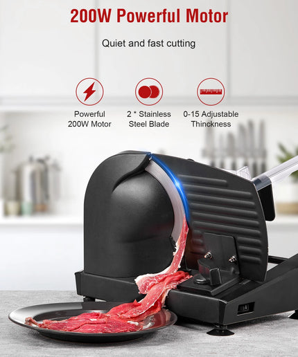 Meat Slicer 200W Electric Deli and Food Slicer with Two Removable 7.5" Stainless Steel Blade, 0 - 15 Mm Adjustable Thickness