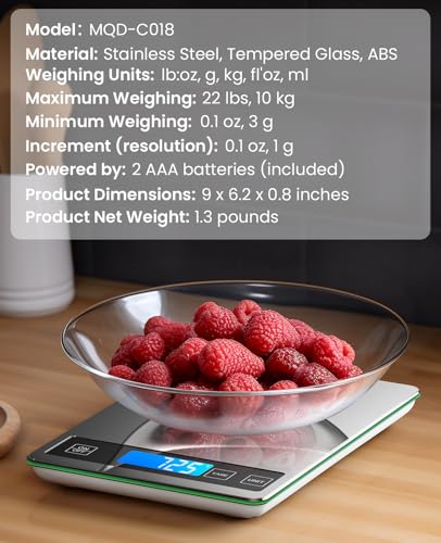 Nicewell Food Scale, 22lb Digital Kitchen Scale Weight Grams and oz for Cooking Baking, 1g/0.1oz Precise Graduation, Stainless Steel and Tempered Glass