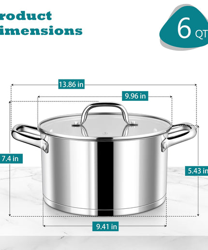 P&P CHEF 6qt Stock Cooking Pot, Stainless Steel Large Soup Stockpot with Lid for Cooking, Transparent Cover, Tri-Ply Stainless Steel Bottom & Double Riveted Handles, Dishwasher Safe