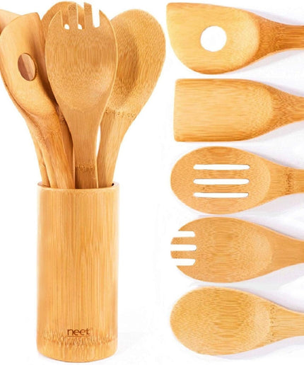 Wooden Spoons for Cooking 6 Piece Organic Bamboo Utensil Set with Holder Wood Kitchen Utensils Spatula Spoon for High Heat Stirring in Nonstick Pots & Pans Quality Gift & Everyday Use