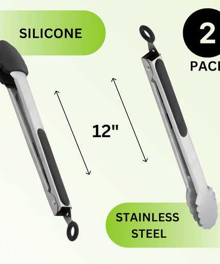 Stainless Steel Kitchen Tongs for Cooking - Premium Cooking Tongs with Stainless Steel and Silicone Tips - Non-Slip Metal Food Tongs, Heat Resistant & Non-Stick, 12", Set of 2