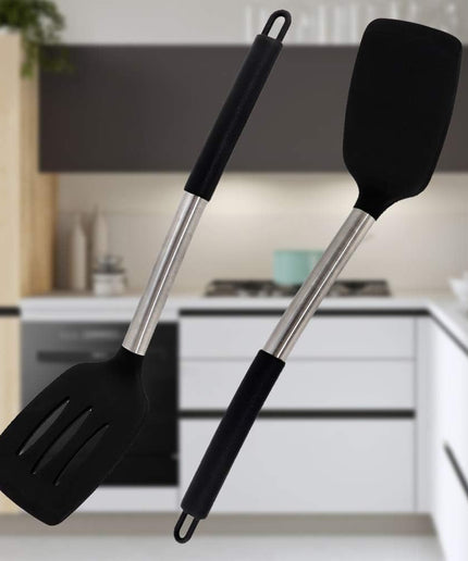 Silicone Spatula Heat Resistant Silicone Handle 2-Piece Set Black Slotted Turner Flexible Silicone Spatula Nonstick Turner Set for Fried Egg, Barbecue, Hamburg