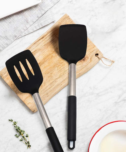 Silicone Spatula Heat Resistant Silicone Handle 2-Piece Set Black Slotted Turner Flexible Silicone Spatula Nonstick Turner Set for Fried Egg, Barbecue, Hamburg