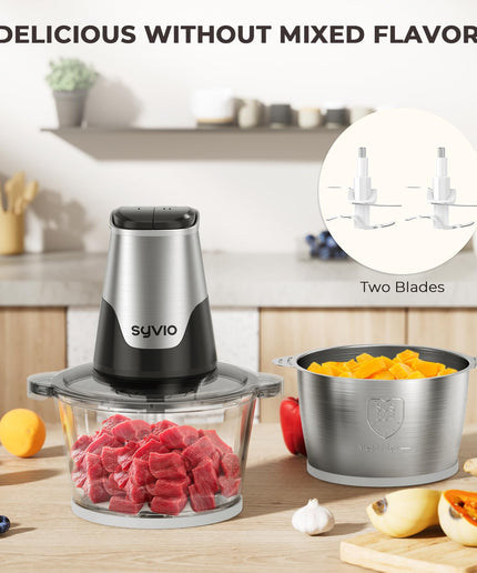 Syvio Food Processors with 2 Bowls, Meat Grinder 4 Bi-Level Blades, Mini Electric Food Chopper 400W, for Baby Food, Meat, Onion, Vegetables, 2 Speed, 8 Cup and 8 Cup - The Right Kitchen Equipment