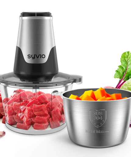 Syvio Food Processors with 2 Bowls, Meat Grinder 4 Bi-Level Blades, Mini Electric Food Chopper 400W, for Baby Food, Meat, Onion, Vegetables, 2 Speed, 8 Cup and 8 Cup - The Right Kitchen Equipment