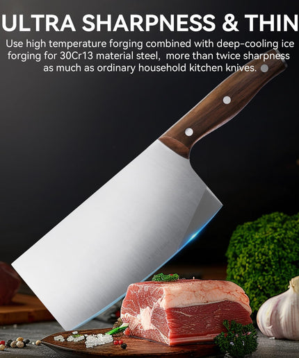 Chinese Meat Cleaver Knife 7.5 Inch, Butcher Knives with Original Wood Handle, Kitchen Gadgets Chopping Knife, Bone Cutting Cleaver Knife for Home and Restaurant