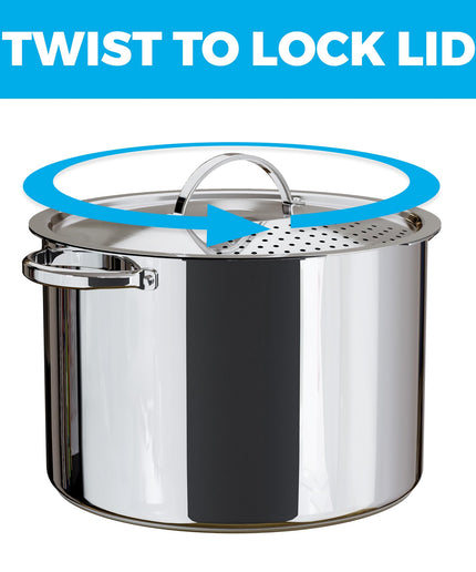 Stainless Steel Pasta Pot with Locking Strainer Lid - 5.5 Quart Large Capacity Cooking Pot | Twist & Lock for Easy Drain & No Colander Or Strainer Basket Insert Needed | Dishwasher Safe