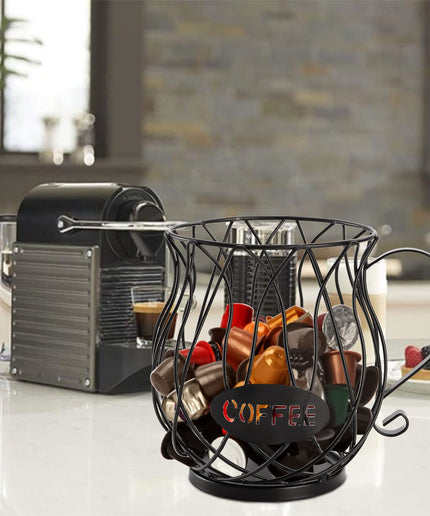 ZEAYEA Coffee Pod Holder and Organizer Mug, Large Capacity K Cup Coffee Capsule Basket for Counter Coffee Table Bar, Metal Espresso Pod Keeper Storage for Home Cafe Hotel, Black