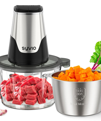 Syvio Food Processors with 2 Bowls, Meat Grinder 4 Bi-Level Blades, Mini Electric Food Chopper 400W, for Baby Food, Meat, Onion, Vegetables, 2 Speed, 8 Cup and 8 Cup - The Right Kitchen Equipment