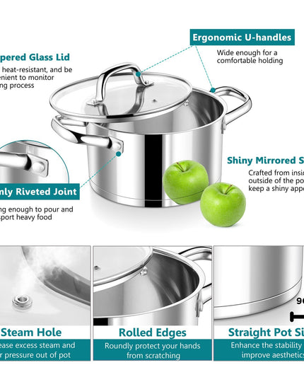 P&P CHEF 6qt Stock Cooking Pot, Stainless Steel Large Soup Stockpot with Lid for Cooking, Transparent Cover, Tri-Ply Stainless Steel Bottom & Double Riveted Handles, Dishwasher Safe