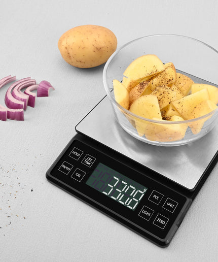 Food Kitchen Scale NEXT-SHINE Rechargeable Digital Scale with LCD Backlit Display and Protective Tray, 5kg x 0.1 for Baking Cooking Meal Prep Parcel, Large Stainless Steel Weighing Platform