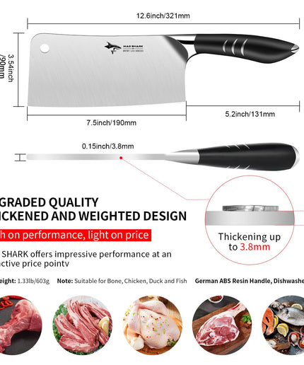 MAD SHARK High-end Meat Cleaver Knife 7.5 Inch, Best Professional Heavy Duty Bone Chopper, Butcher Knife for Meat Cutting, Chopping Knife, Bone Cutting Knife, Meat Bone Cutter, Chinese Cleaver Knife