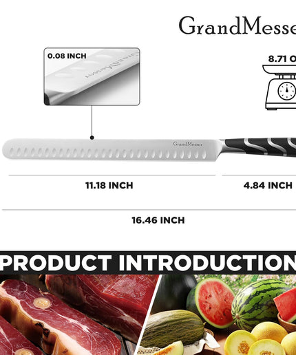 GrandMesser Carving Knife, 12 Inch Slicing Knife for Meat, Premium German Steel Brisket Knife with ABS Handle, for BBQ Brisket Turkey Ham Rib Roast Beef with Sharpener.