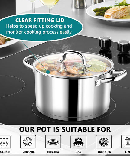 P&P CHEF 6qt Stock Cooking Pot, Stainless Steel Large Soup Stockpot with Lid for Cooking, Transparent Cover, Tri-Ply Stainless Steel Bottom & Double Riveted Handles, Dishwasher Safe