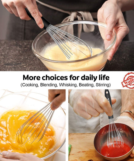 Walfos Whisk, 304 Food Grade Cooking Whisks with Thick Stainless Steel Wire ＆ Strong Handles, 3 Pcs Egg Frother Prefect for Cooking, Blending, Whisking, Beating, Stirring (8.5"+10"+12)…