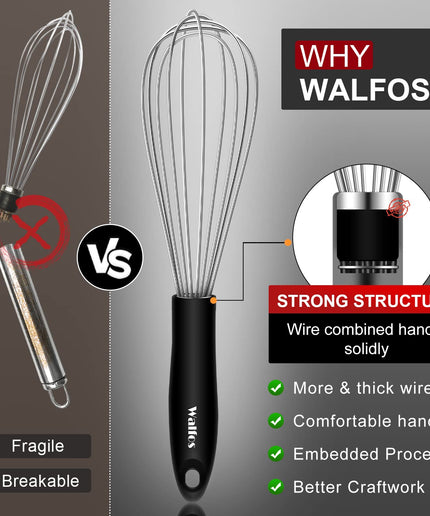 Walfos Whisk, 304 Food Grade Cooking Whisks with Thick Stainless Steel Wire ＆ Strong Handles, 3 Pcs Egg Frother Prefect for Cooking, Blending, Whisking, Beating, Stirring (8.5"+10"+12)…