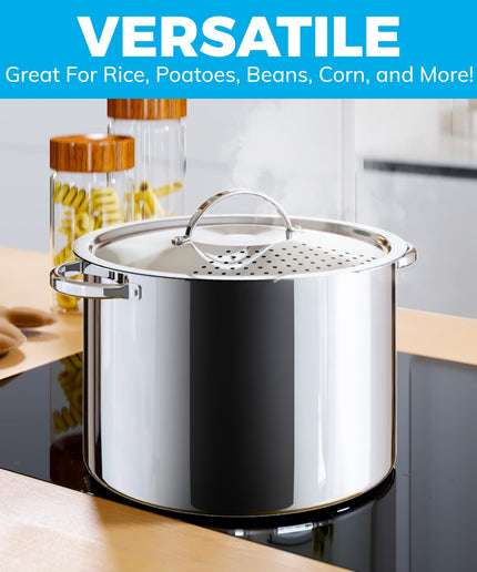 Stainless Steel Pasta Pot with Locking Strainer Lid - 5.5 Quart Large Capacity Cooking Pot | Twist & Lock for Easy Drain & No Colander Or Strainer Basket Insert Needed | Dishwasher Safe