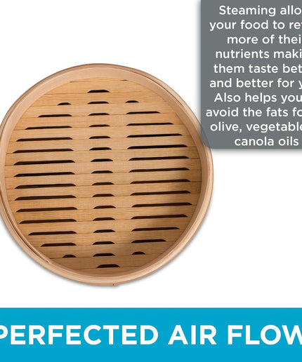 10-Inch Bamboo Steamer - Classic 2 Tier Design for Steaming Veggies, Dumplings, Dim Sum, Chicken, Fish, & Asian Food - Natural Eco-Friendly Steaming Basket, Ideal for Healthy Cooking