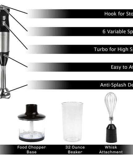 6-Speed Immersion Blender - 4-In-1 Hand Mixer with Whisk, Food Processor Cup, and 32Oz Beaker for Soup, Smoothies, and More