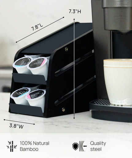 Ibyx Wooden Coffee Pod Holder for Kitchen Counterspace - 2 Tier Pod Dispenser With 24 K Cups Storage Capacity - Natural Bamboo Body with Stainless Steel Sheets - Coffee Pods Organizer