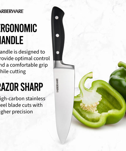 Farberware Edgekeeper 8-Inch Forged Triple Riveted Chef Knife with Self-Sharpening Blade Cover, High Carbon-Stainless Steel Kitchen Knife with Ergonomic Handle, Razor-Sharp Knife, Black