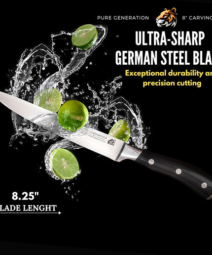 Pure Generation 8" Carving Knife for Meat - Brisket Knife, Razor Sharp German Steel Meat Knife, Slicing Knife for Turkey, Ham & Fruit, BBQ Knife, Meat Cutting Knife, Long Knife with Ergonomic Handle