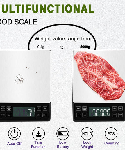 Food Kitchen Scale NEXT-SHINE Rechargeable Digital Scale with LCD Backlit Display and Protective Tray, 5kg x 0.1 for Baking Cooking Meal Prep Parcel, Large Stainless Steel Weighing Platform