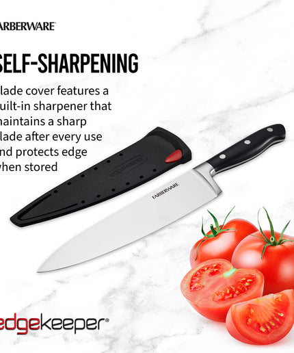 Farberware Edgekeeper 8-Inch Forged Triple Riveted Chef Knife with Self-Sharpening Blade Cover, High Carbon-Stainless Steel Kitchen Knife with Ergonomic Handle, Razor-Sharp Knife, Black