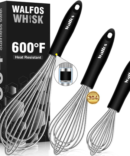 Walfos Whisk, 304 Food Grade Cooking Whisks with Thick Stainless Steel Wire ＆ Strong Handles, 3 Pcs Egg Frother Prefect for Cooking, Blending, Whisking, Beating, Stirring (8.5"+10"+12)…