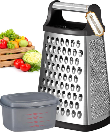 Cheese Grater with Handle, Stainless Steel Box Grater, 4 Side Kitchen Vegetable Shredder Slicer Zester with Container for Parmesan, Cabbage, Ginger, Lemon, Chocolate, Coconut (Black)