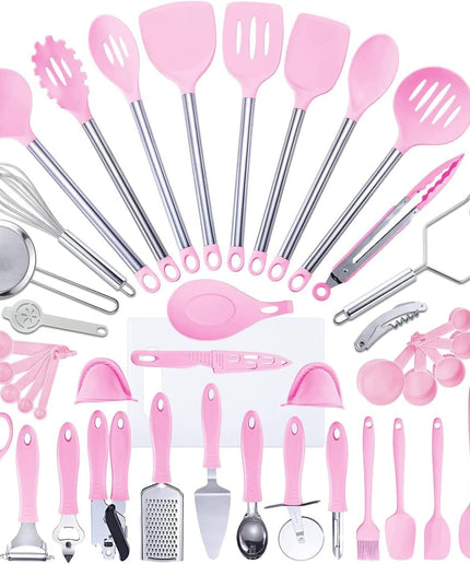 Kithcen Utensil Set 42 Cooking Utensils Nylon and Stainless Steel Utensils Set Kitchen Tool Set,Baking Set Kitchen Set Spatula Set Kitchen Gadgets Kitchen Tools Kitchen Accessories Pink