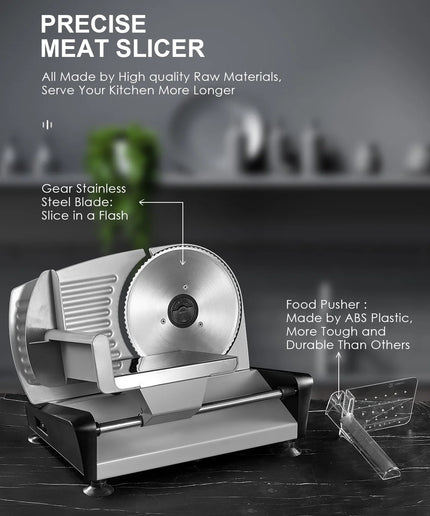 Meat Slicer, 200W Electric Food Slicer for Home Use, Meat Slicer with Two 7.5" Sharp Stainless Steel Blade(Serrated + Smooth) & 0-15Mm Precise Thickness Cut Deli Food, Silver