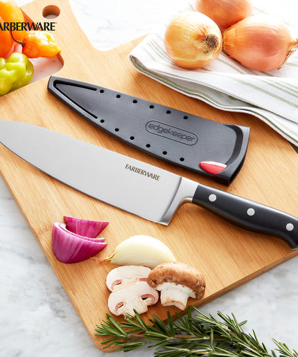 Farberware Edgekeeper 8-Inch Forged Triple Riveted Chef Knife with Self-Sharpening Blade Cover, High Carbon-Stainless Steel Kitchen Knife with Ergonomic Handle, Razor-Sharp Knife, Black